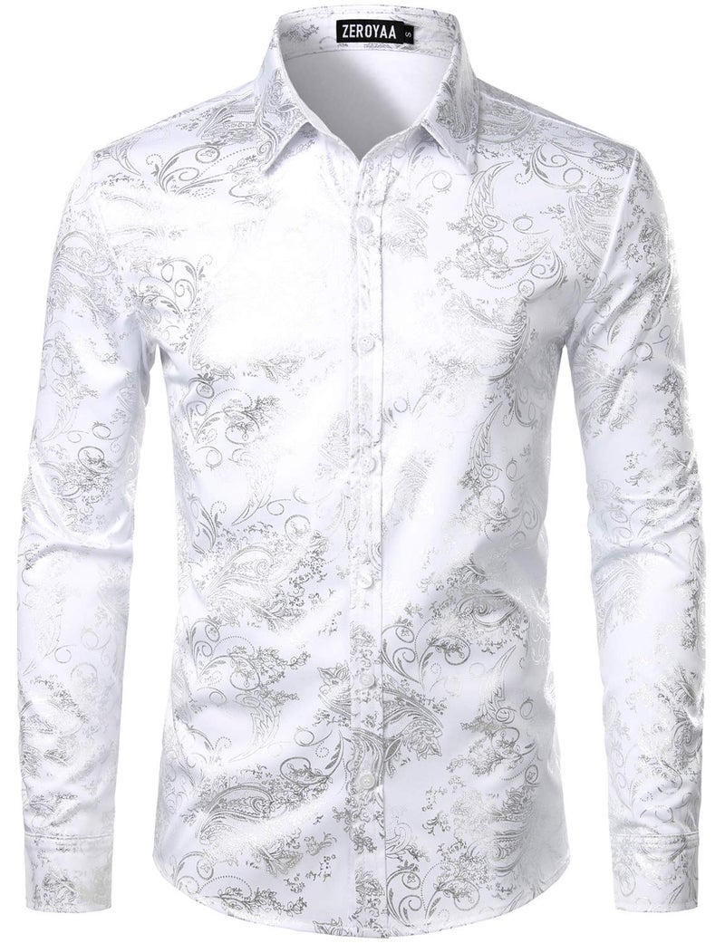 ZEROYAA Men's Luxury Paisley Silver Shiny Printed Stylish Slim Fit Button Down Dress Shirt ZLCL18 White Silver Medium - Image 1